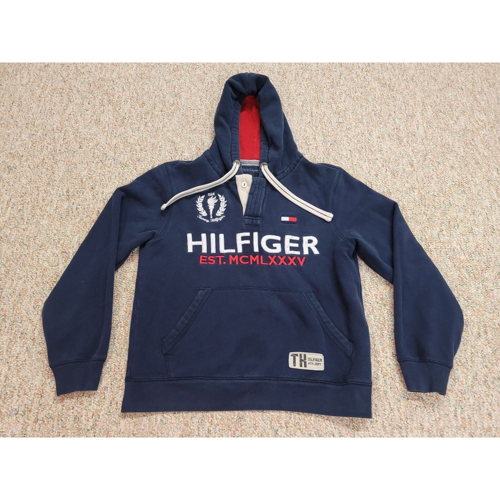 Tommy Hilfiger Sweatshirt Mens Small Hoodie Pullover Spell Out Logo USA‎ Crest